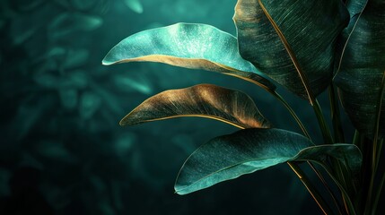 Teal tropical leaves, dark background, jungle, botanical, website banner