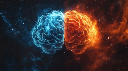 Dual-colored brain in cosmic space reflecting contrast between blue and orange energies