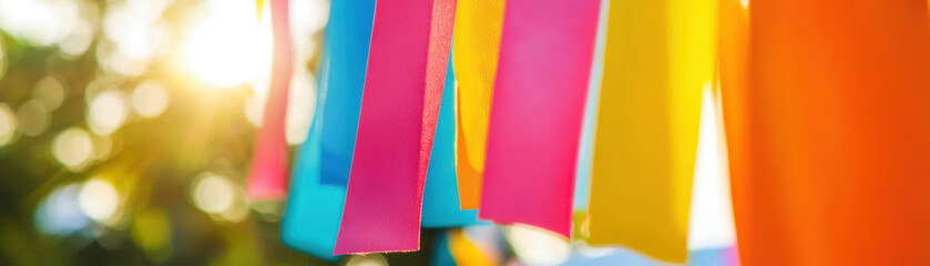 Naklejka premium Colorful ribbons sway gently in sunlight, creating festive atmosphere