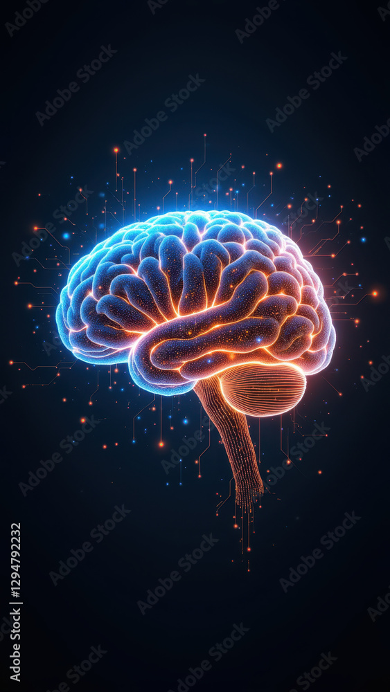 Poster this image features a stylized human brain with brightly glowing connections emanating from its surf