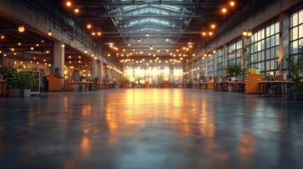 Fototapeta premium Modern industrial workspace with warm lighting and open layout