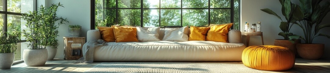 Fototapeta premium Sunlit Living Room with Greenery and Decorative Accents. Generative AI