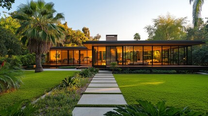 Fototapeta premium A serene modern residence boasts a spacious yard adorned with vibrant plants and a graceful walkway leading to expansive glass doors, inviting natural light and tranquility