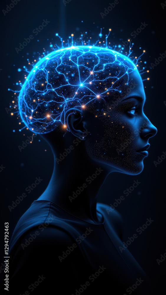 Poster image of a humanoid figure with an ai brain visualized as glowing particles around its head, symboli