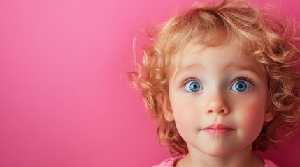 Fototapeta premium A toddler with curly blond hair gazes with wide blue eyes, displaying a look of curiosity. The vibrant pink background enhances the cheerful and playful ambiance of the moment