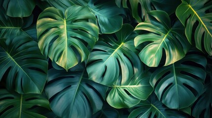 Lush green monstera leaves in tropical foliage background