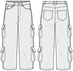 Loose Baggy Jeans with Cargo Pockets  Front and Back Fashion Illustration, Vector, CAD, Technical Drawing, Flat Drawing, Template, Mockup.