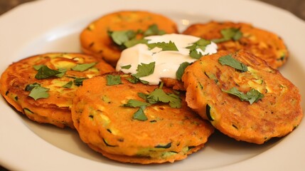 Fototapeta premium Delicious Zucchini Fritters with Creamy Yogurt Topping