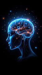 This image features a humanoid head with an artificial brain composed of stars and nebulae, representing artificial general intelligence (AGI).