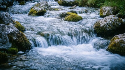Clear Mountain Stream Flowing Over Mossy Rocks