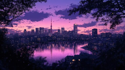 Sunset over tokyo skyline with reflective river and silhouetted trees