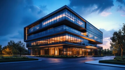 Obraz premium Modern glass office building at dusk with illuminated windows and dramatic sky
