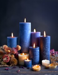 Velas encendidas de diferentes tamaños de color azul, decorativas