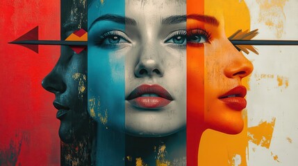 Abstract portrait of young caucasian female with colorful geometric background and arrow