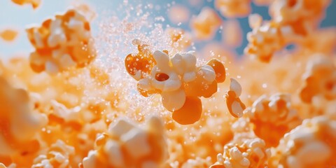 Popcorn bursts into the air, capturing an energetic moment of celebration at the movie theater during a lively film screening