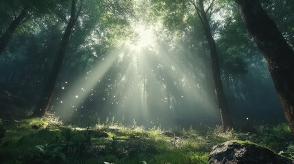 Obraz premium Serene forest with sunlight rays streaming through trees in lush greenery