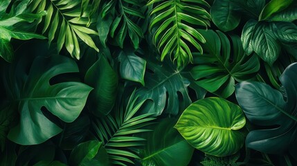 Naklejka premium Lush green tropical foliage with varied leaf patterns and textures
