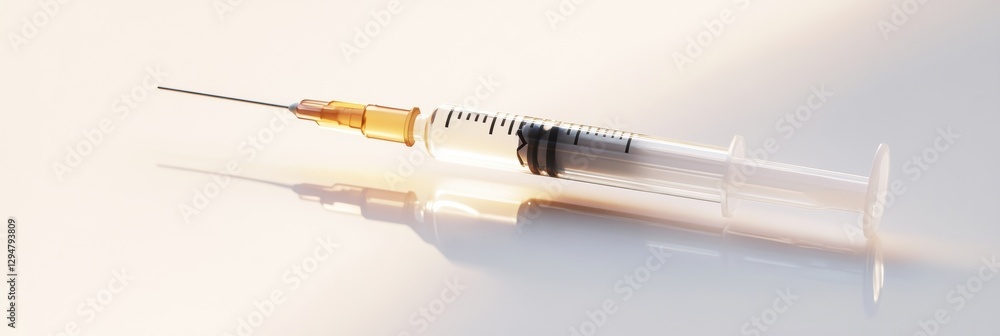 Poster syringe filled with botox rests on a reflective surface in a minimalist setting showcasing beauty an