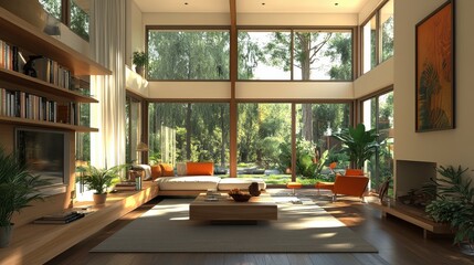 Contemporary spacious living room with large windows overlooking lush garden