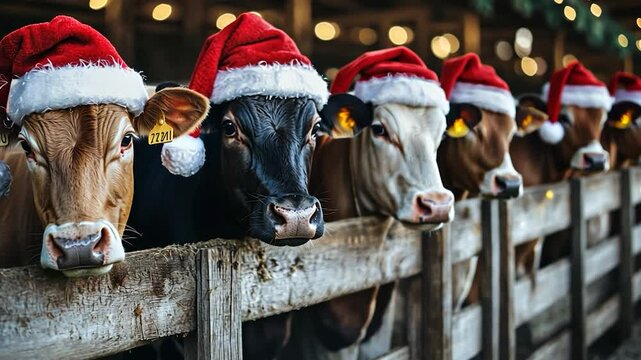 Festive cows in barn, Christmas hats, lights