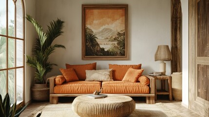 Cozy living room with orange sofa and tropical decor in sunlit space