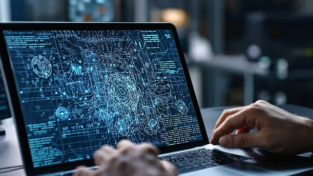 A futuristic executive workspace where a corporate professional uses a laptop to manage intelligent digital repair systems. A holographic dashboard displays proactive maintenance o