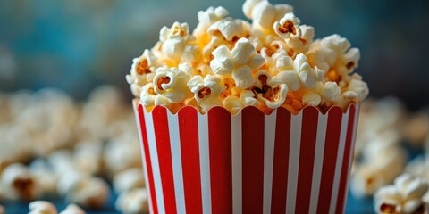 Freshly popped popcorn in a red and white striped container sits among scattered kernels at a movie night