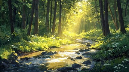 Obraz premium Serene forest stream with sunlight filtering through trees
