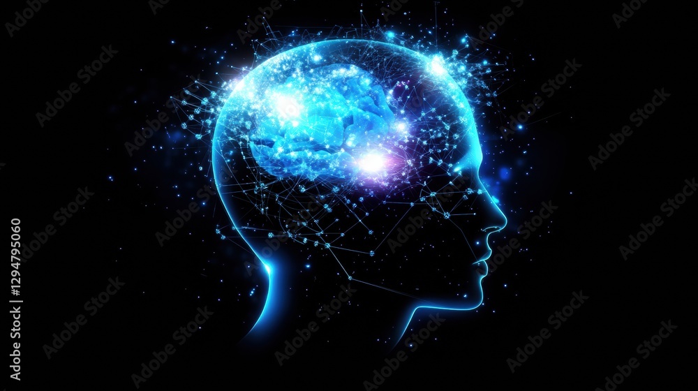 Poster human brain silhouette with glowing ai nodes and cosmic patterns in a digital cyberpunk landscape at