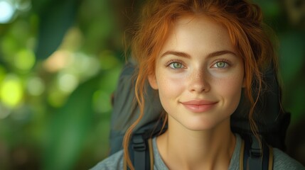 Naklejka premium Caucasian ginger young beautiful female backpacker traveling alone in forest