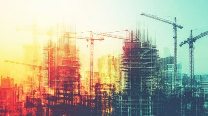 Different images that tell the story of civil construction, with a superimposition and projection effect on them