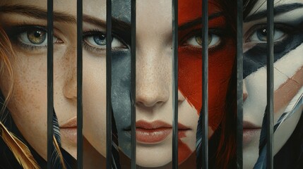 Three young caucasian females with tribal face paint behind bars