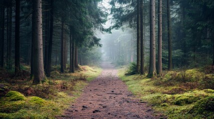Obraz premium Misty Forest Path: A Serene Woodland Trail