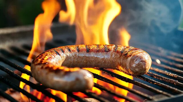 A perfectly coiled boerewors sausage crackles over hot coals on a rustic South African braai. Flames dance beneath the grill, infusing the meat with smoky flavor. Summertime cookou