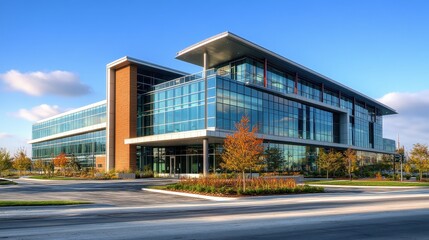Modern glass office building in sunny urban environment with autumn foliage