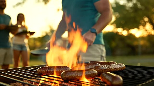 A vibrant South African braai gathering, where boerewors sizzles on the hot grill. The fire crackles as guests enjoy the smoky aroma of the outdoor feast. Summertime cookout scene.