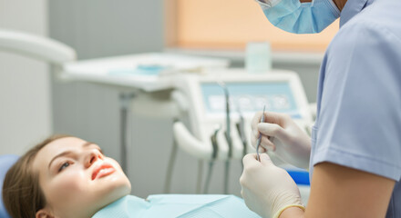 Dentist examining a patient’s teeth with dental tools in a clinic setting