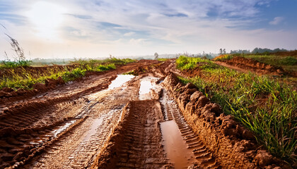 Obraz premium ぬかるんだ泥の道、水たまり、土、轍、タイヤの跡、開拓、田舎、景色