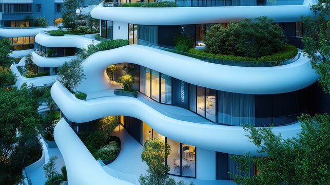 Modern eco-friendly architecture of curved urban building with lush greenery and sleek design