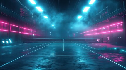 Neon-lit indoor tennis court with futuristic atmosphere and ambient glow