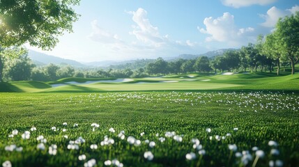 Sunny day on pristine golf course with lush green fairways and cloudy blue sky