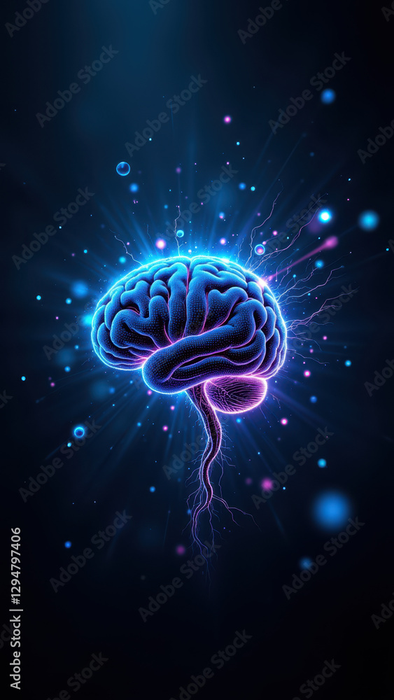 Poster dynamic representation of artificial general intelligence with a glowing brain and energy bursts.