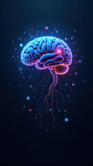 An artistic depiction of artificial general intelligence with a brain surrounded by digital circuitry and floating data elements.