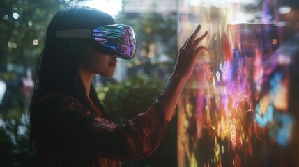 A woman wearing a VR headset interacts with a projected image.