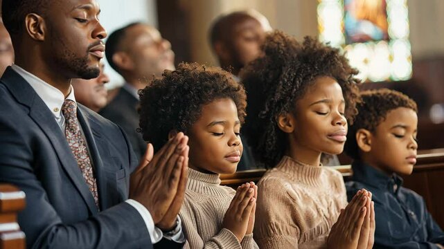Family praying together in a church pew during worship