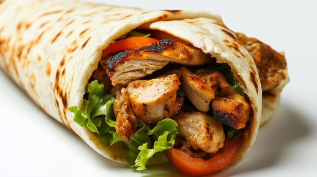 A wrap with chicken, lettuce and tomato. A shawarma chicken pita roll with a grilled cheese on it. Isolated white background with transparent png. A chicken wrap with lettuce and tomato lifestyle. - Powered by Adobe