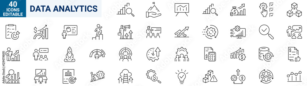 Poster data analytics web line icons set. analysis icons, big , data processing, chart and diagram icons, s