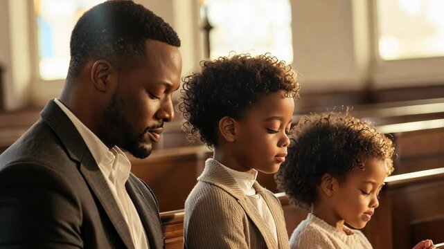 Family praying together in a church pew