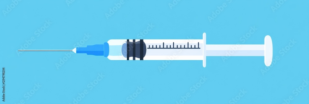 Poster syringe on a light blue background with clear markings and a pointed needle ready for medical use. g