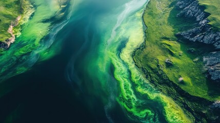 Aerial view of vibrant green algal blooms on serene lake waters